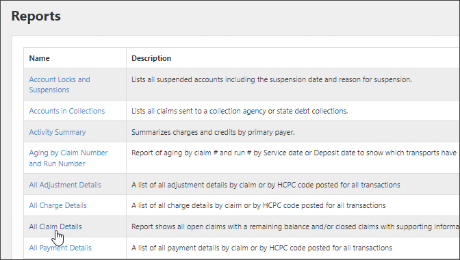 All Open Claims report on the Reports page